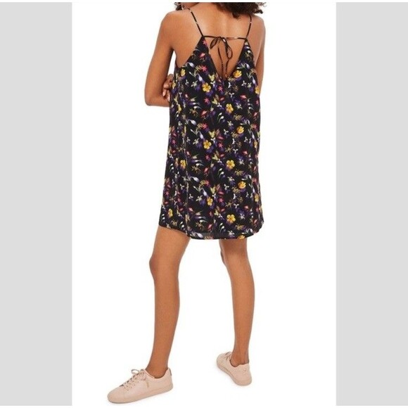 Black Floral Satin Mini Dress Strappy Tie Back Topsho Size 4 Lined - Picture 2 of 8